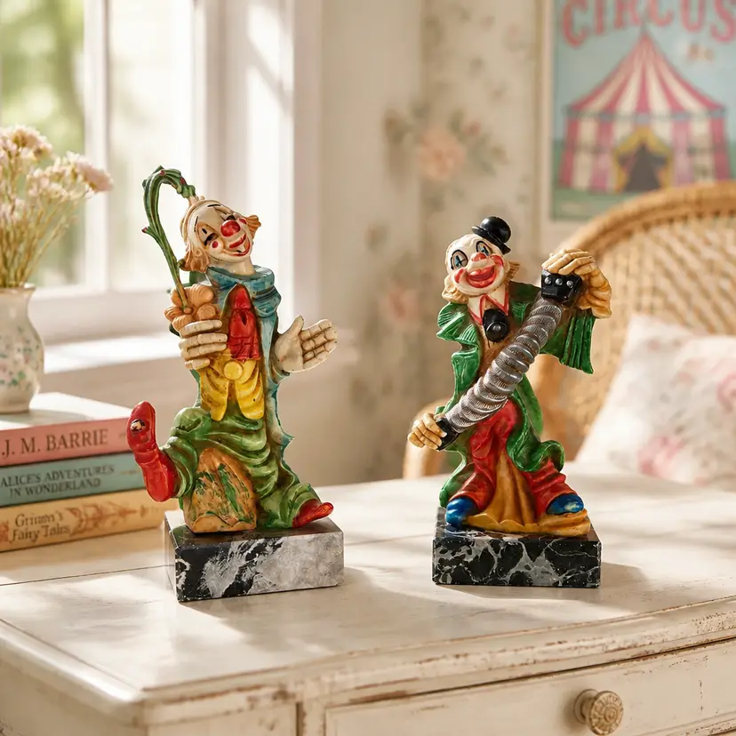 Vtg Fontanini Clown Figurines on a Carrara Marble Base, Made In Italy, 6" & 5.5"