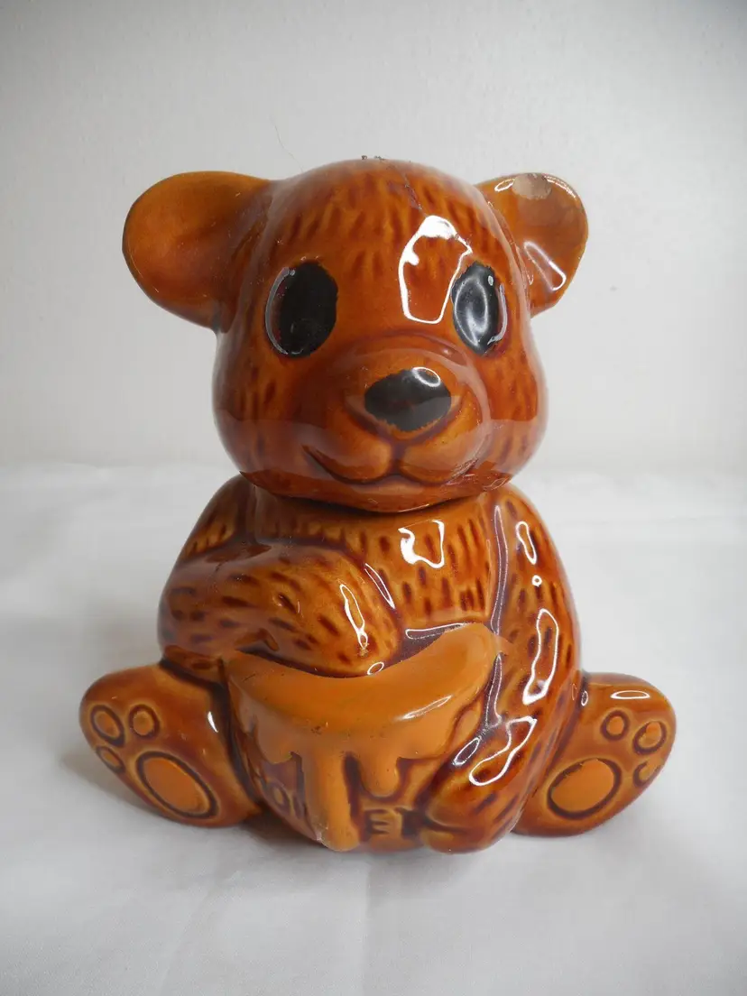 Vintage Ceramic Brown Bear with Honey Figurine Trinket Holder