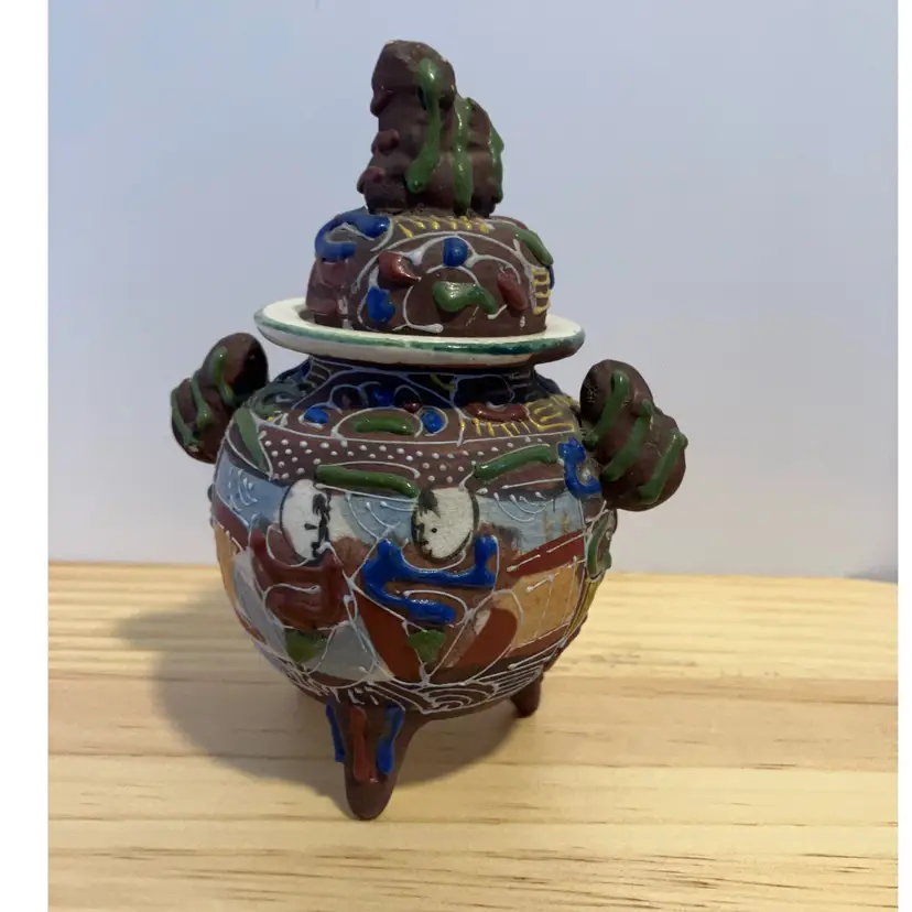 Satsuma Moriage 3 Footed Lidded 5.5”