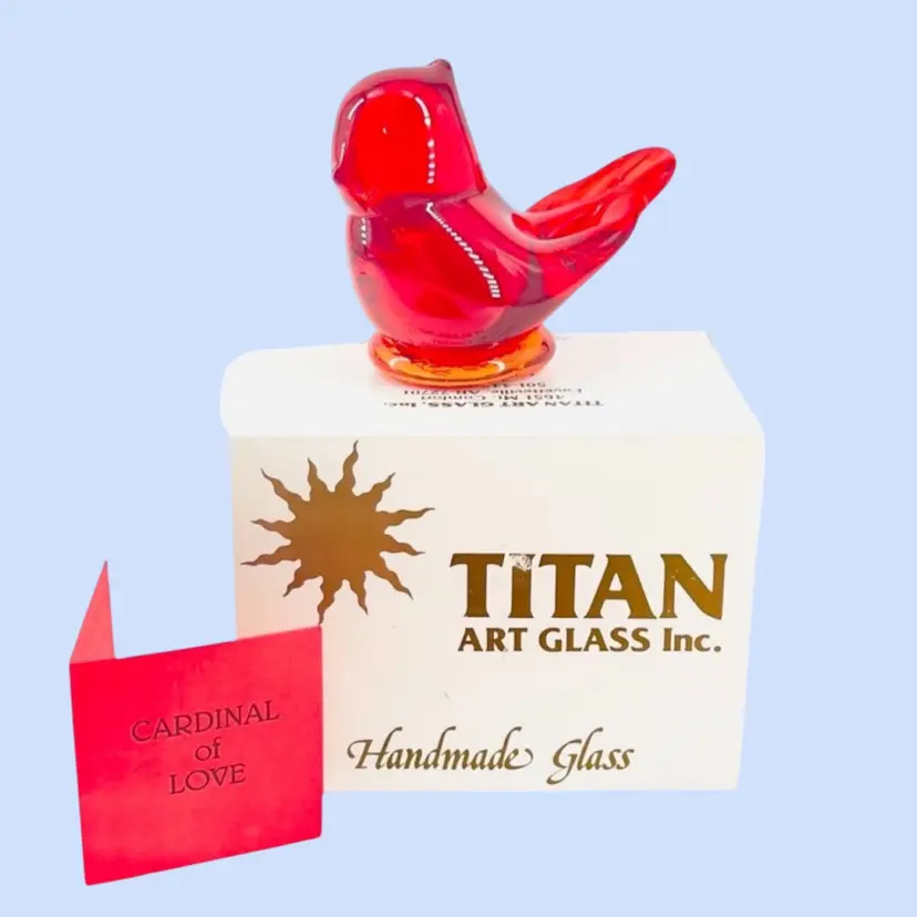 #127- Paperweight Bird Figurine Cardinal of Love Art Glass By Titan Ruby Red Amberina Art Glass Signed Titan 1998  Arkansas USA