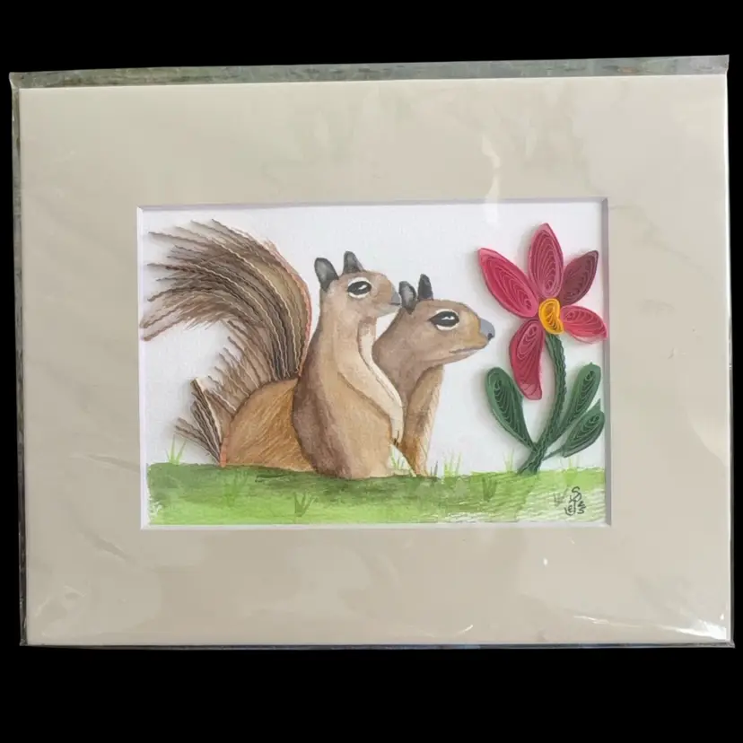 Original Watercolor Squirrels With Quilled Talks And Flower 5 X 7” In 8 X 10” Beige Matte