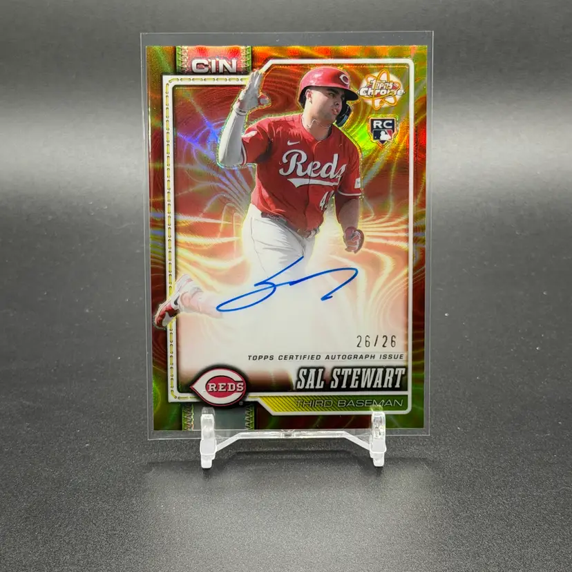 SAL STEWART 2026 Topps Chrome Baseball Card Radiating Rookies RC Auto /26 - Cincinnati Reds