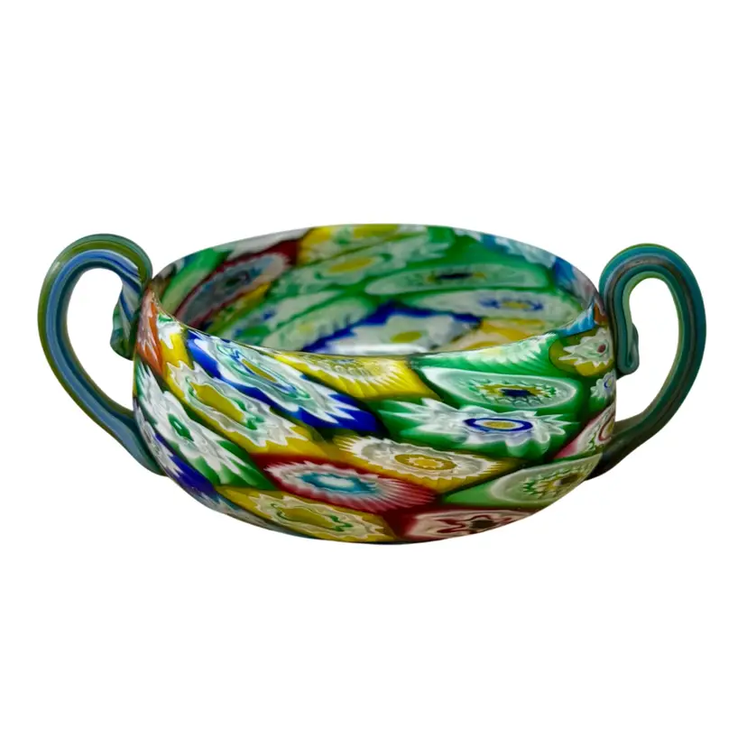 Antique Fratelli Toso Murano Multi Color Millefiori Art Glass Bowl W/Handles UV Glow  READ 
2” T x 3.25” Opening x 4.5” Handle To Handle