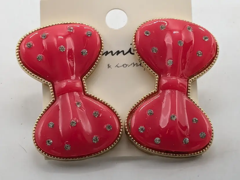 Jennifer & Company Gold Tone Hot Pink Bow Earrings Rhinestones NWT