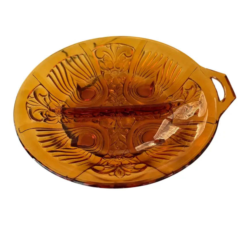 Amber Glass Divided Relish Dish in the Indiana Glass Killarney Pattern