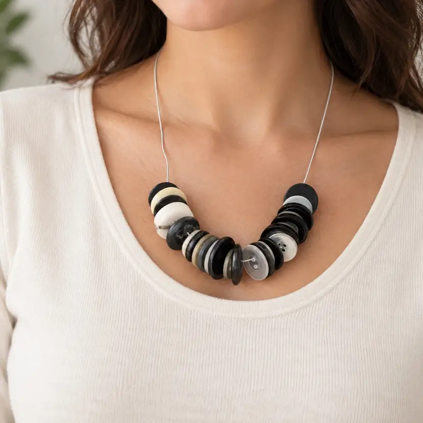 Handmade Black, White & Gray Button Statement Necklace | Upcycled Modern Jewelry 11” Drop