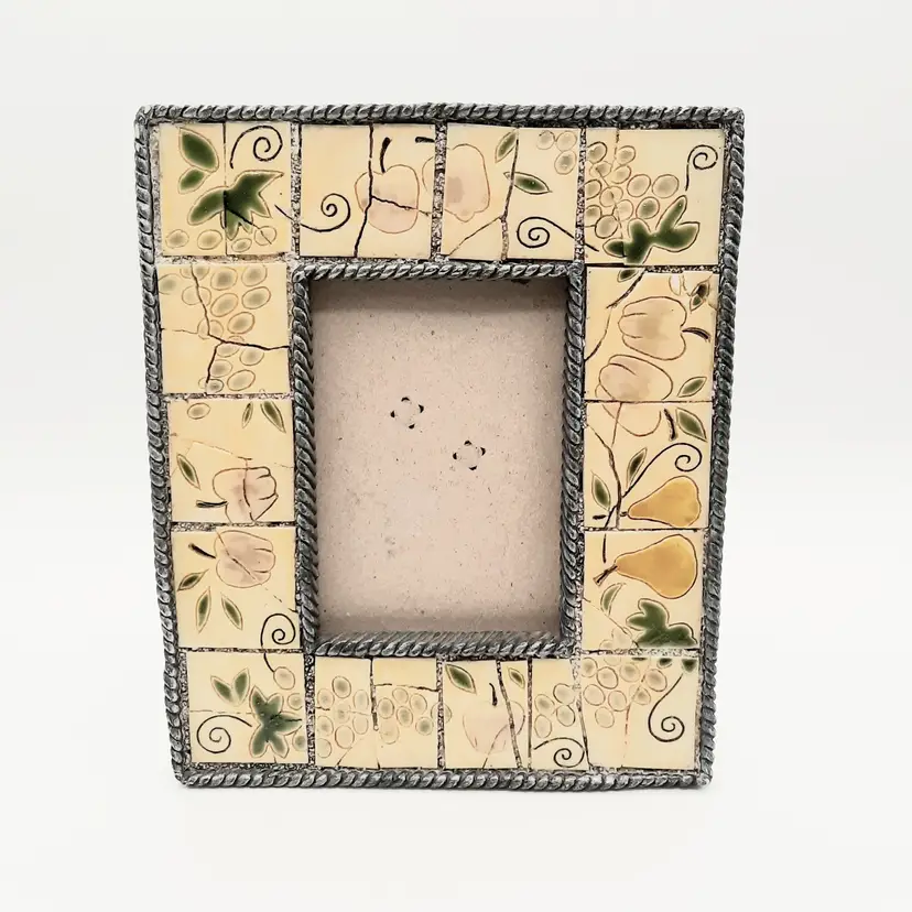 Mosaic Tile Fruit Photo Picture Frame Silver Tone Rope Trim