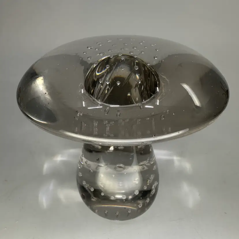 Vintage Mushroom Paperweight Clear Art Glass with Controlled Bubbles 3"