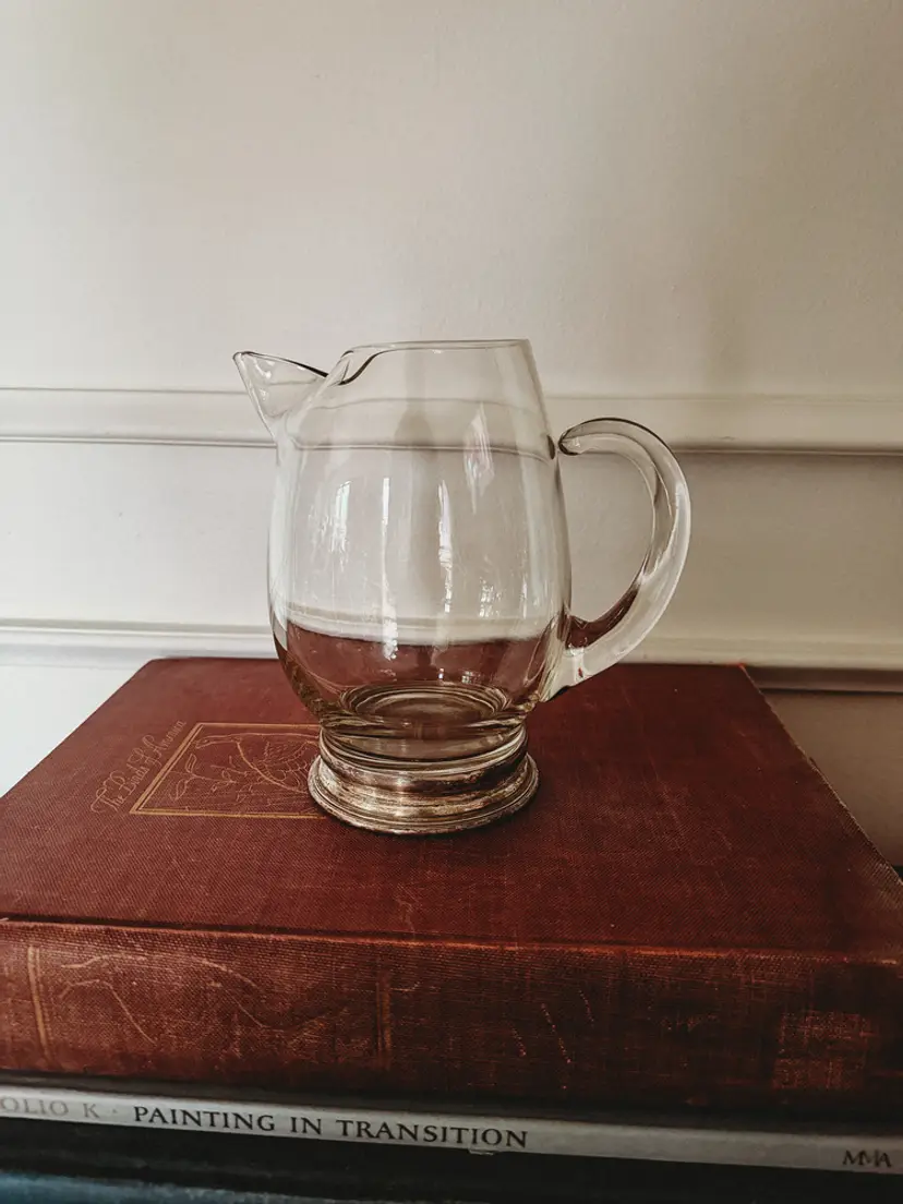 1960s Watson Sterling Silver Base Glass Martini Cocktail Pitcher with Ice Lip