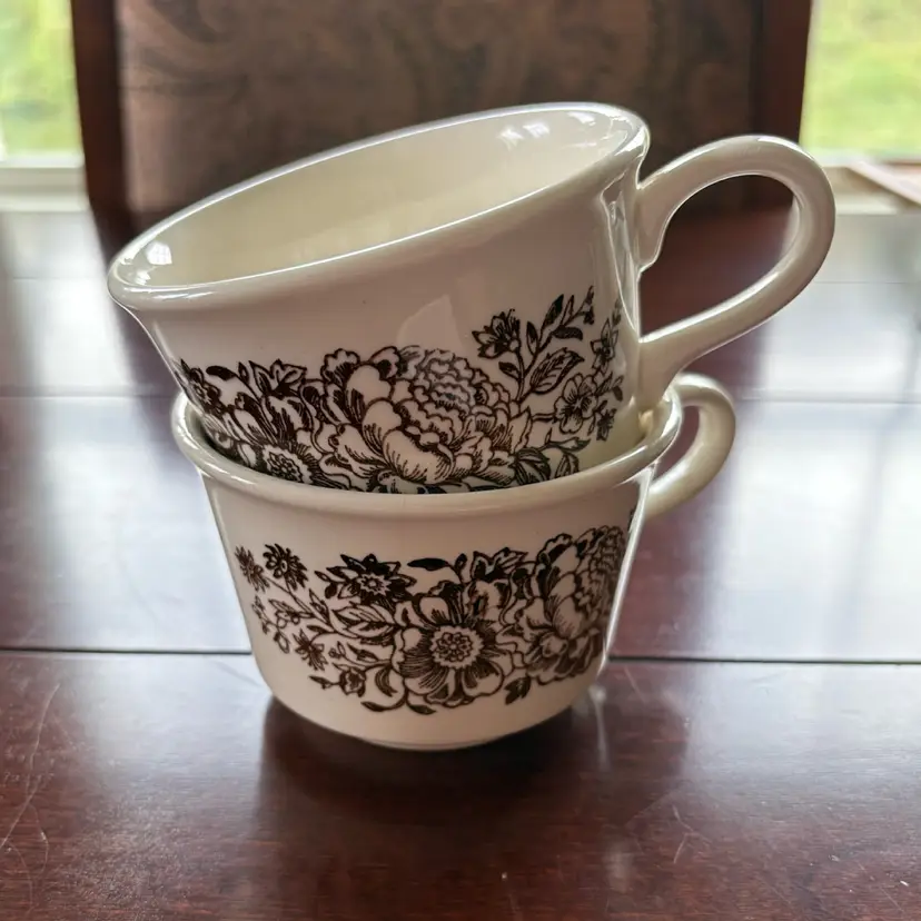 3.75”x2.5” Royal China Sussex Ironstone Cups With Brown Floral Transferware Circa 1970-80. Made In USA, Sebring OH.