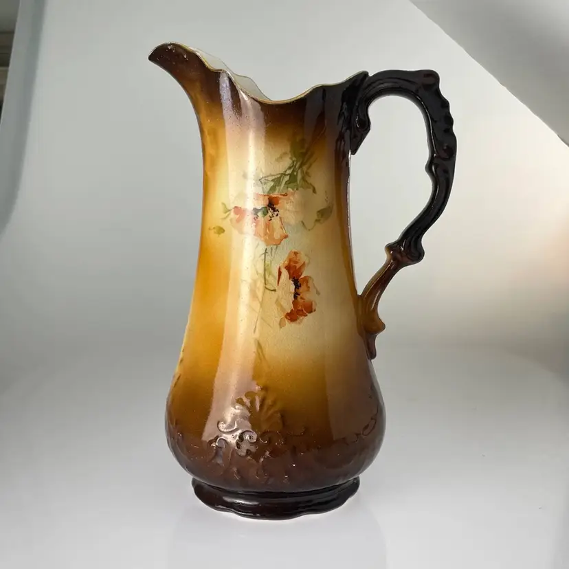 Warwick IOGA Sienna Brown Floral Tall Porcelain Pitcher / Vase Antique Victorian 9.5"