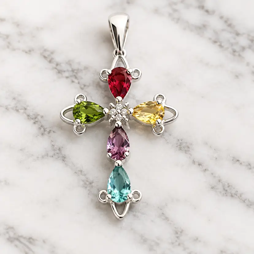 Sterling Silver Cross Pendant w/ Multi Color Pear Cut Gemstones, 1.25"