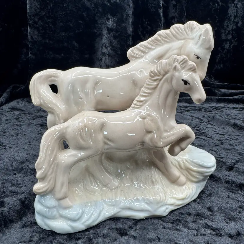 Momma Baby Ceramic Stallions Cream Porcelain Rearing Horse Figurine Vintage Taiwan