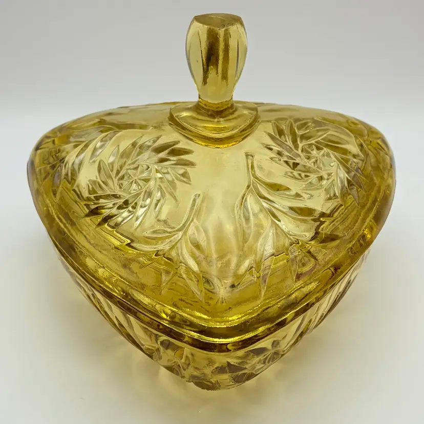 Vintage Hazel Atlas Amber Glass Triangle Candy Dish Bowl w Lid Pinwheel Design