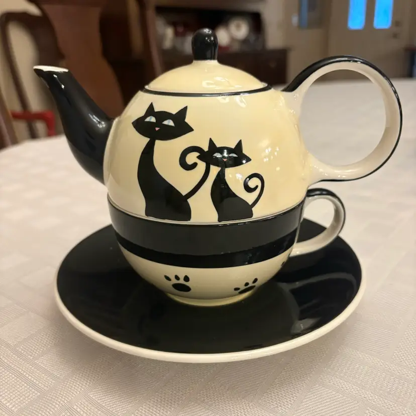 Vtg Hues N Brews Cattitude Black Cat Tea For One Teapot Cup Saucer + Lid