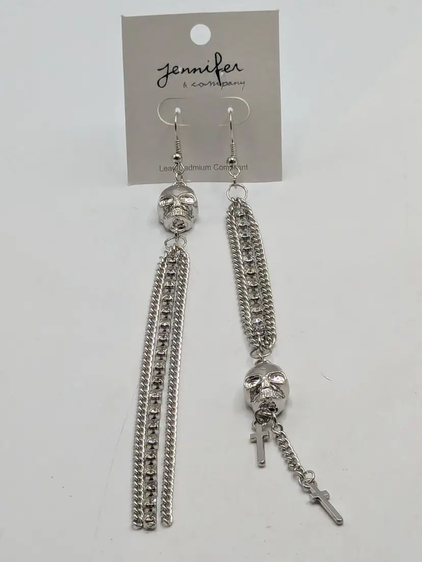 Jennifer & Company Silver Tone Skull and Cross Dangle Earrings NWT