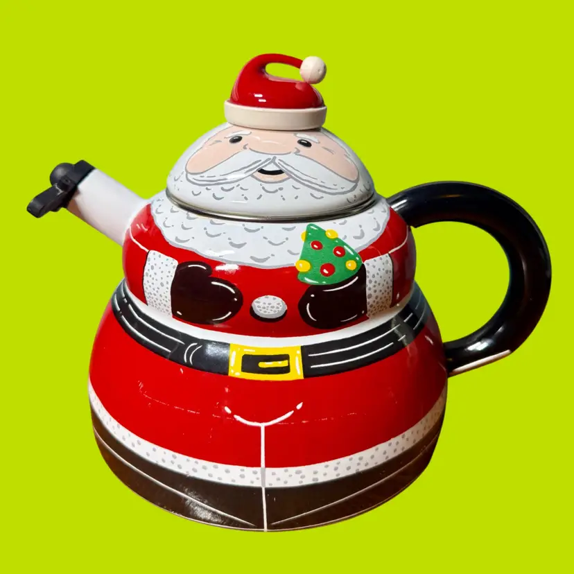 Vintage 90's ROSCHO Christmas Santa Enamel Whistling Tea Kettle 3 Quart