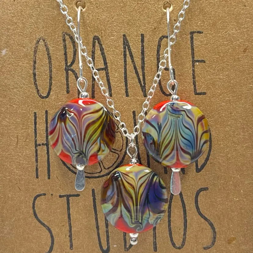 #1 "Feather Spill" Earring/Necklace Set - Handmade by Me -- Vintage Lampwork