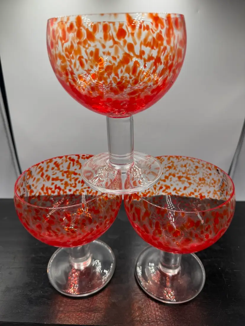 Set of 3- Fused Red Splash Art Glass Accent Margarita Glasses by Pier 1