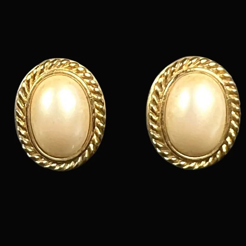 Monet Faux Pearl Center Cabochon Pierced Earrings. Edge Rope Design. Gold-tone Metal. 3/4” Length. Signed.
