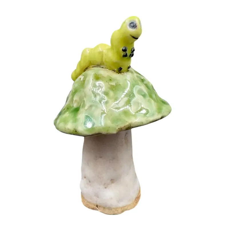 Studio Pottery, Handmade Mushroom With An Inchworm Made By Traci Vintage Angel