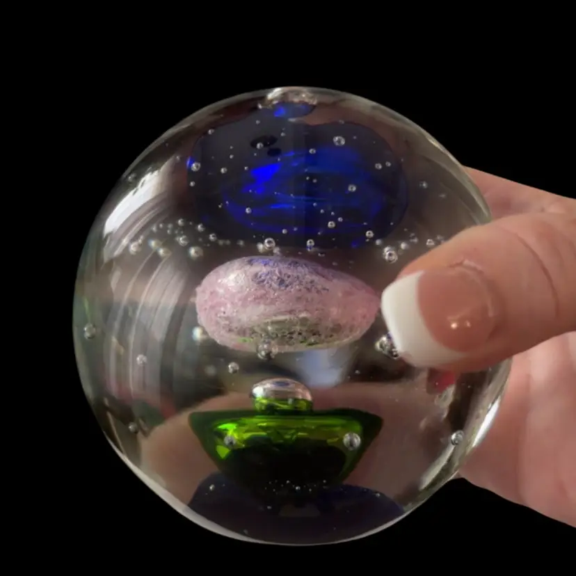 4” Paperweight Blue Green Pink Bubbles Controlled