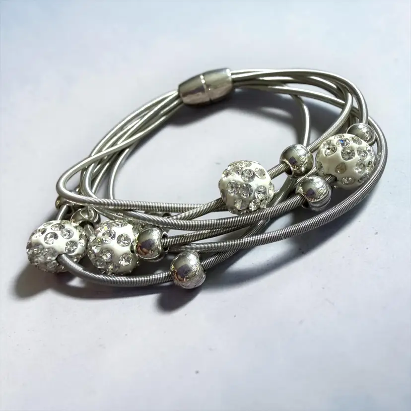 Lot Of  -1 Silver Tone Bracelet With Rhinestone Ball Ends 8” - Multi-Layer Springy Wire With White Rhinestone Balls About 8”