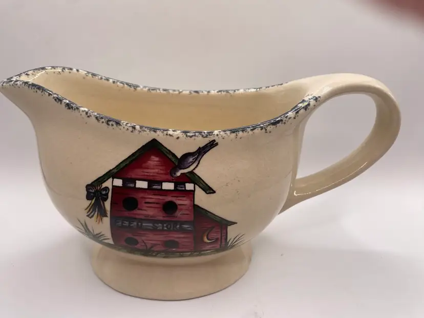 Vintage Home Garden Party Birdhouse Stoneware Gravy Boat Saucer Pitcher AS IS