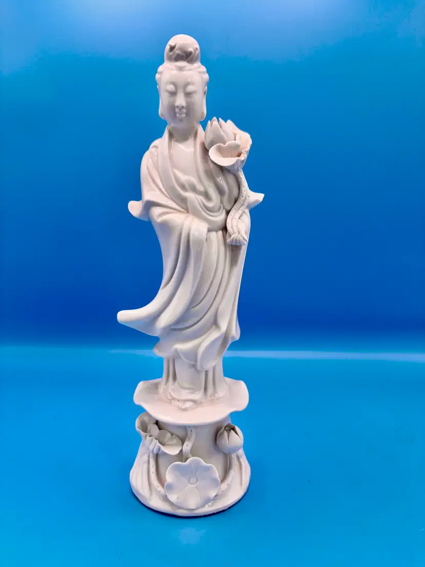 Chinese Blanc De Shine Porcelain Guanyin Figurine STAMPED