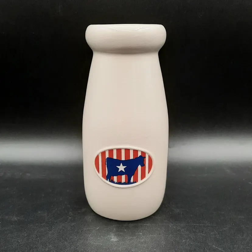 Russ Farmhouse Milk Bottle Americana Red White Stripe Blue Cow Crackle Glaze