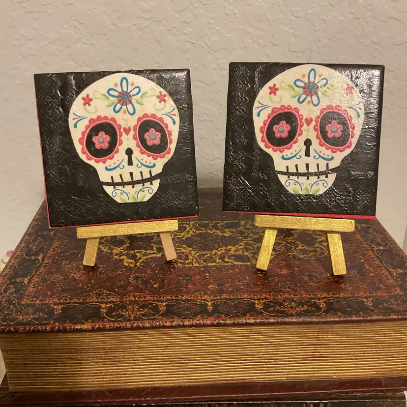 🚶🏻‍♀️🪾Small Square Decoupage Sugar Skull Tiles On Wood Easel - Price Is For  One