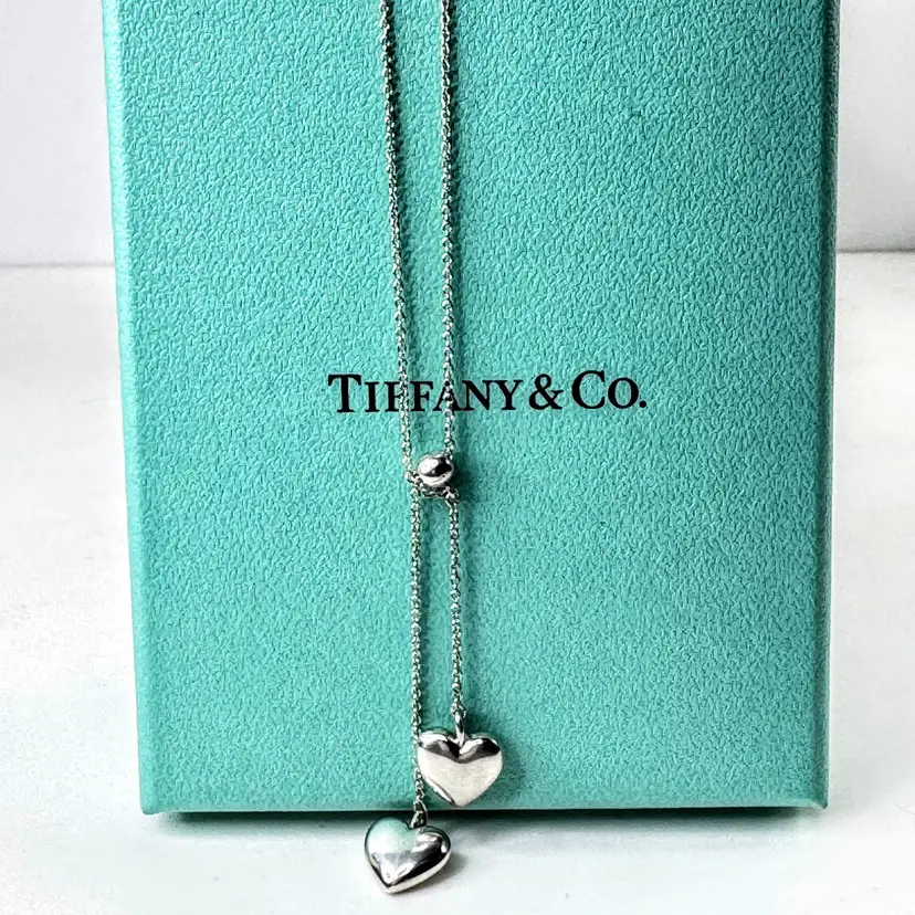 Tiffany & Co. Sterling Silver Double Heart Lariat Tassel Necklace 5.7g JR2005