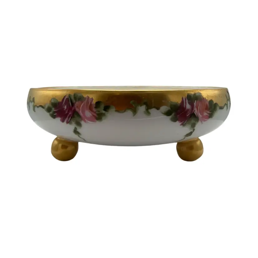 Limoges Antique 3-footed Trinket Dish Bowl - Signed WM Daley - Rose Garland Pattern 3”D 1.75” H Iridescent Opalescent Rainbow Interior Finish