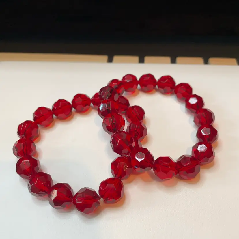 19 TWO Red Faceted Stretch Bracelet