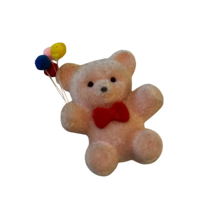 Vintage Pink Flocked Bear With Balloons Magnet