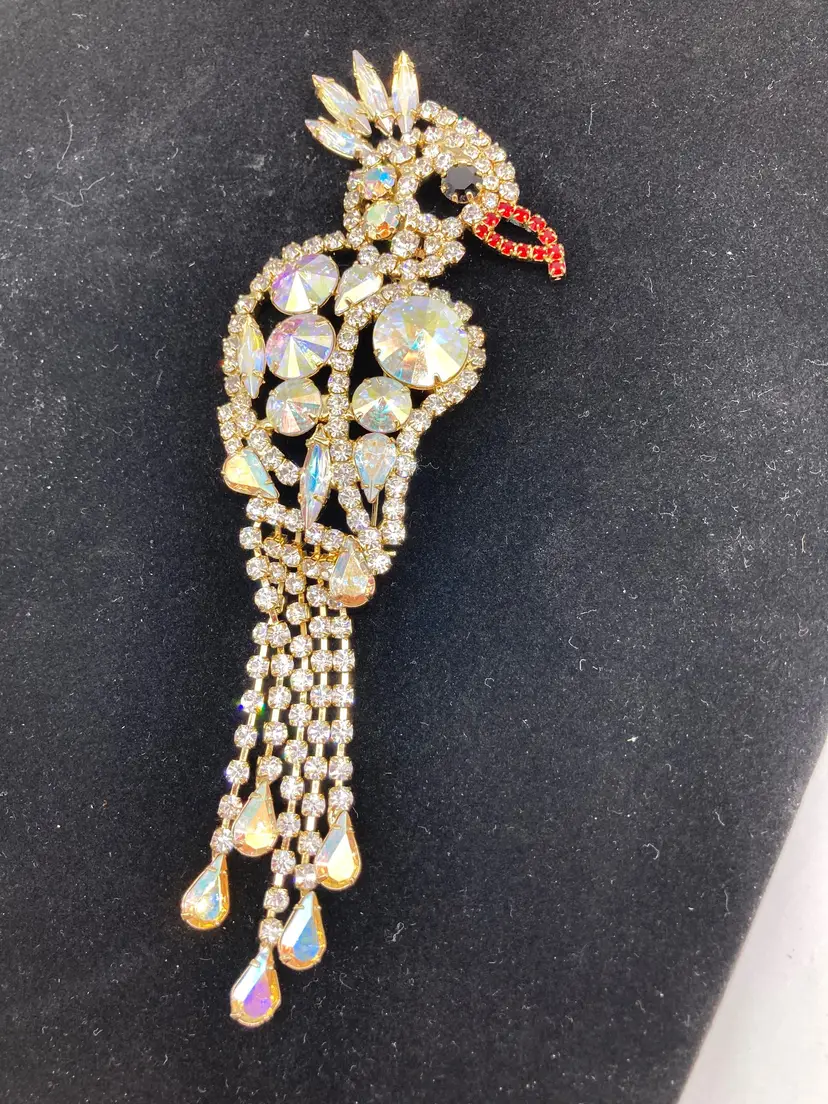 LARGE Rhinestone Aurora AB Rivoli Parrot Bird Brooch Dangle Fringe