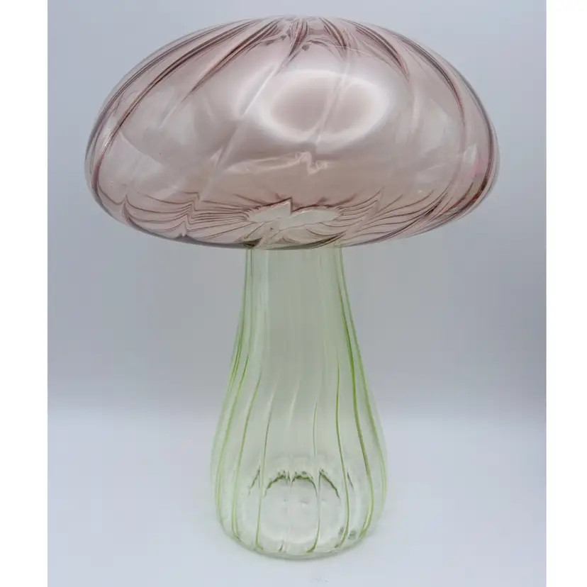 Cupcakes and Cashmere, Pink/Green Glass Mushroom, Ribbed, Figurine 8.5” Tall