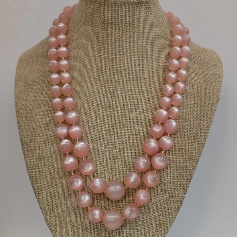 Vintage Pink Moonglow Lucite Bead Double Strand Necklace Knotted Sterling 18"