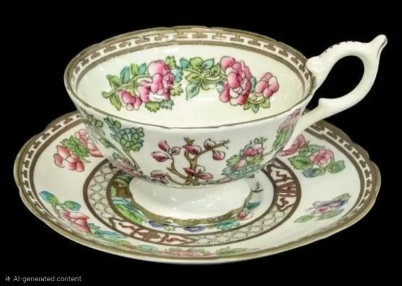Vintage (Possibly Antique) Coalport Indian Tree Footed Teacup and Saucer, Small Fleabite Inside Cup, No Chips or Cracks