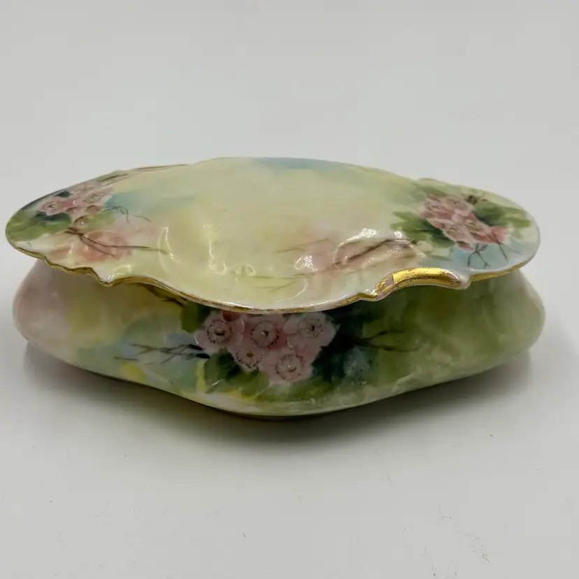 Antique Hand Painted Porcelain Vanity Dresser Box Pink Floral Gold Trim Signed