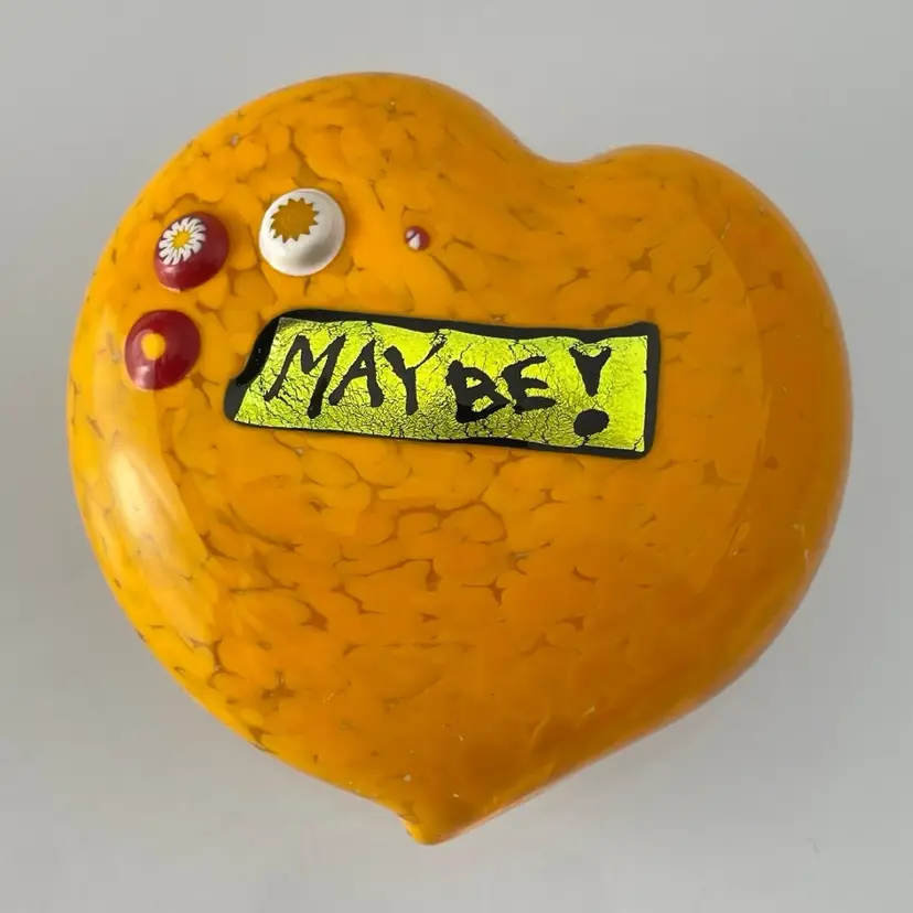 Mad Art Studios 2000 "MAYBE!" Dichroic Millefiori Mustard Yellow Confetti Glass Paperweight y2k Vintage 3.25"