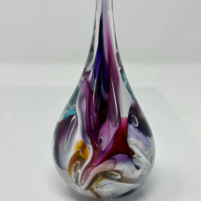 Art Glass Teardrop Spindle Swirl Paperweight Signed