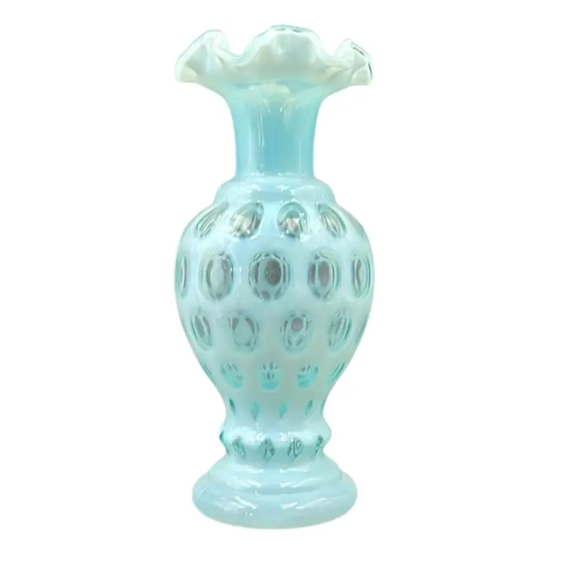 Vintage Fenton Coin Dot A light Blue Optic Art Glass, Cramped Vase Unsigned.