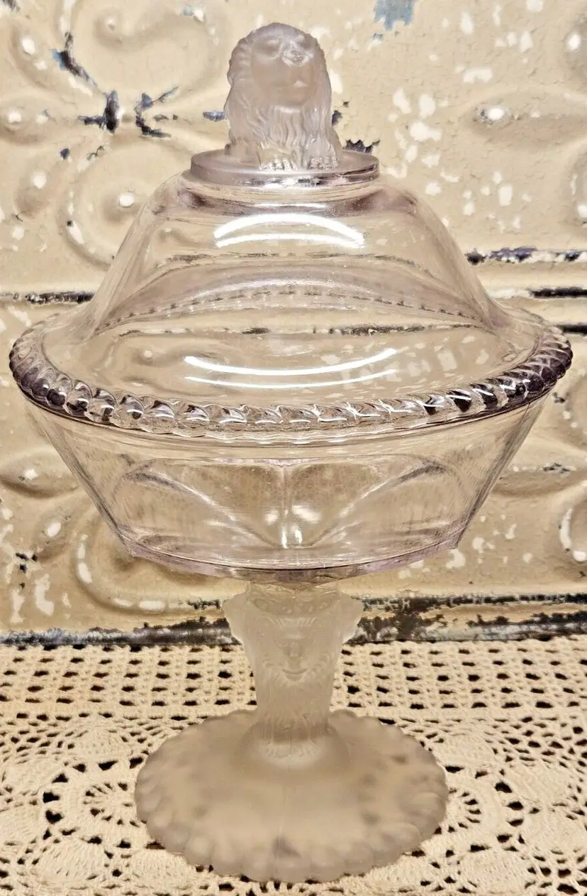 1870's Gillinder & Sons Lavender Tint Compote Lion Head Lid w/ Stem Frosted Foot