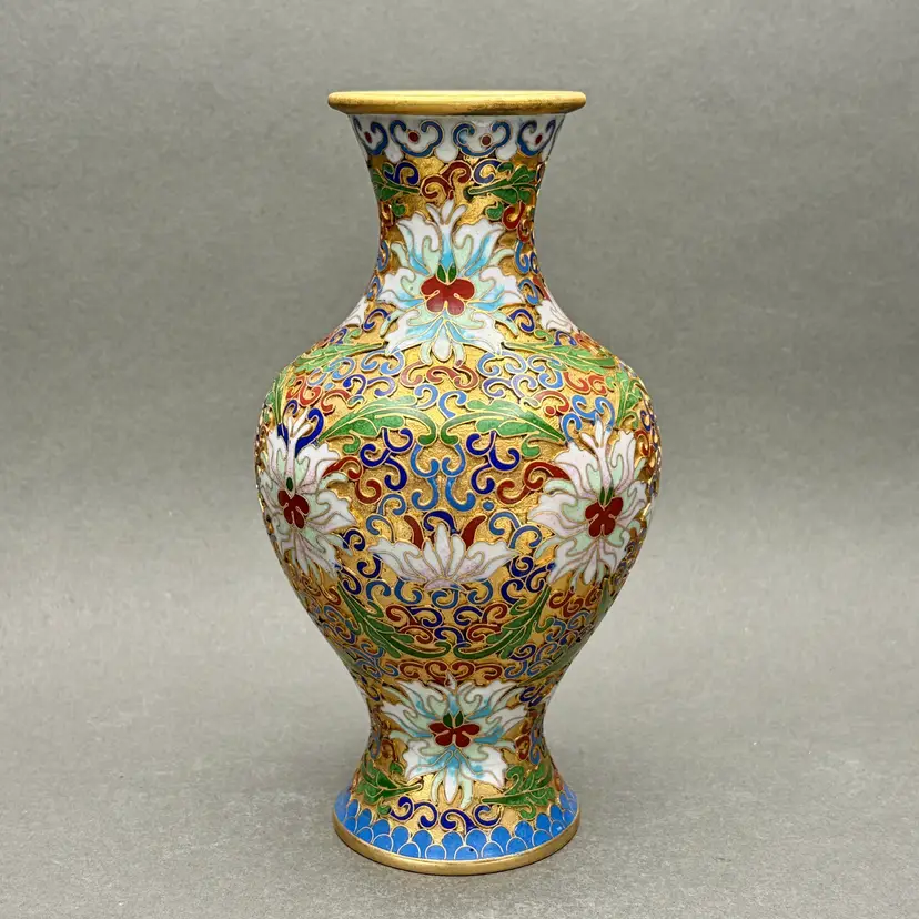 Vintage Chinese Cloisonné Enamel Floral Lotus Vase