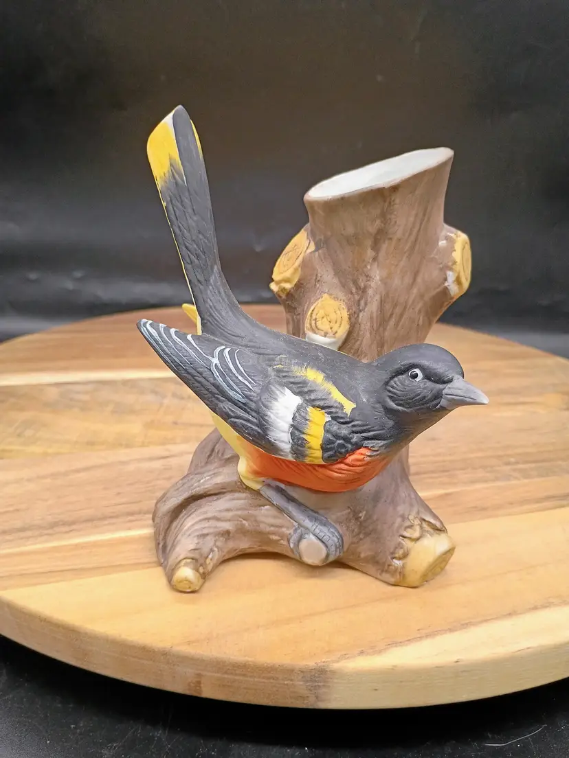 VTG Enesco Black Oriole Bird on A Branch Bisque Porcelain Vase
