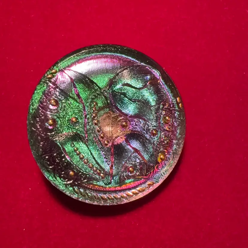 Czechoslovakian Iridescent Button 1.25” Antique