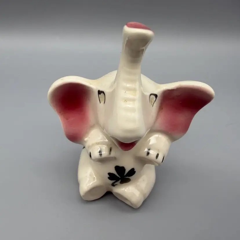 Vintage Lucky Elephant Figurine Ceramic Ring Holder Trunk Up Clover Shamrock