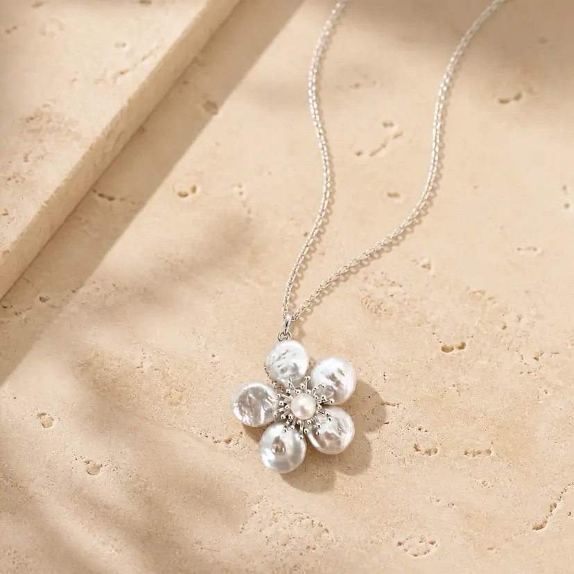 Freshwater Pearl Flower Pendant Necklace Sterling Silver Chain