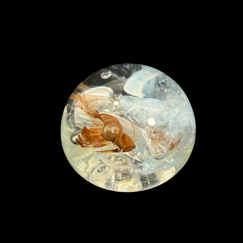 Glass Miniature Paperweight Controlled Bubble Light Blue Smoke Amber Swirl | 1.5”